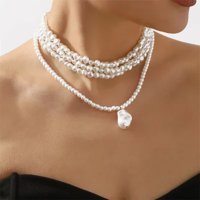 Fashion Imitation Pearl Pearl Necklace Simple Double Shaped Choker Vintage Pendant Stacking Necklace for Women Gift Jewelry