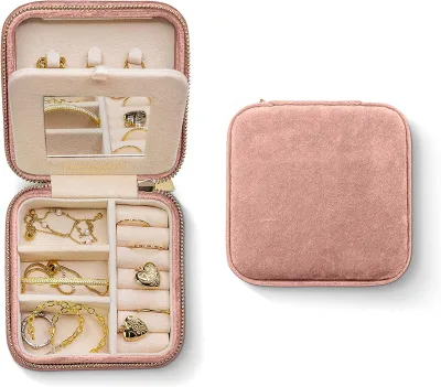 Dusty Pink Velvet Jewelry Box Organizer Zipper Small Jewelry Travel Case With Mirror Bracelet Bangle Box for Girls