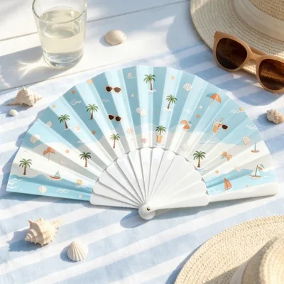 BSBH Best Selling Tropical Scenery Plastic Hand Fan Foldable Small Light for Wedding Gift Event Favor