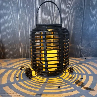 Garden Outdoor Solar Column Shaped Rattan Basket Lantern Lights Hanging for Home Decorative