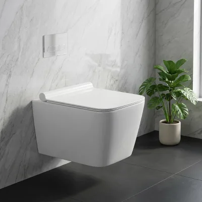 Modern European One Piece Wall-Mounted Toilet with Concealed Tank Square Bowl P-Trap Gravity Flushing