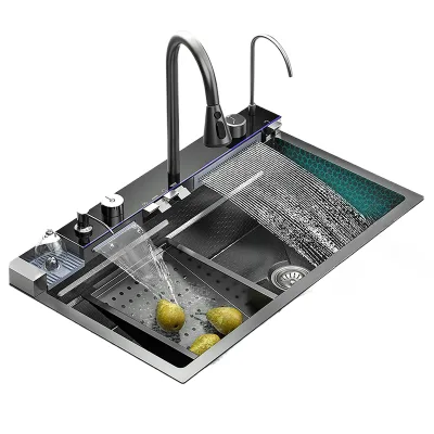 One-piece gun gray large single sink kitchen 304 vegetable sink, multifunctional integrated model with six functions: shower