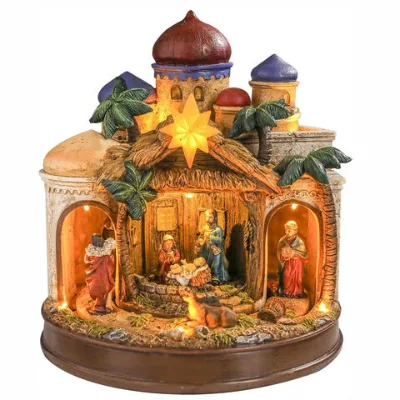 Christmas Nativity Village Houses with LED Lights Christmas Vacation Village Musical with USB Indoor Display Figurines Decoration