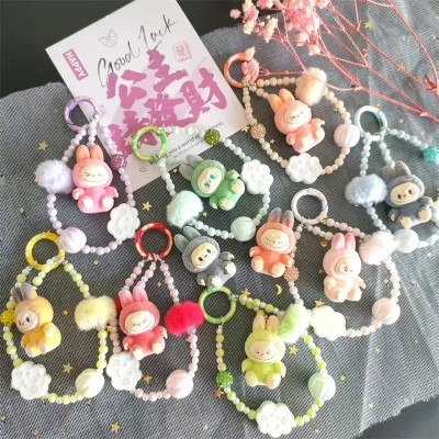 HY2 Labubu Keychain Doll Jewelry Accessories Flocked Labubu Figure Keychain Dolls