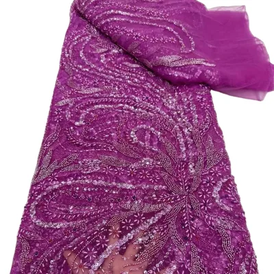 Latest French Luxury Heavy Beautifical Women Dress Fabrics Embroidery Handmade Bead Sequin Lace Mesh Fabrics for Dress