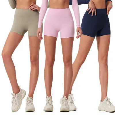 Women's High Elastic Waistband Gym Shorts Peach Butt Naked Feeling Biker Workout Leggings Solid Pattern for Running and Sports