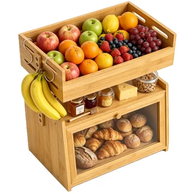 2-in-1 Bamboo Kitchen Organizer, Bread Box with Fruit Basket | Vertical Storage Featuring Acrylic Window Door,2 S-Hooks & Middle