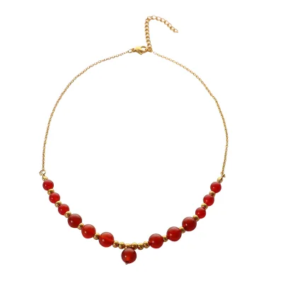 Simple High Quality Stainless Steel Gemstone Bead Necklace Red Agate Tiger Eye Gemstone Beaded Chain Necklace