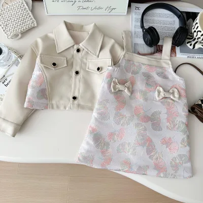 Children's Leather Suit New Autumn Baby Girl Fashionable Top Leather Jacket Printed Suspender Skirt Two-piece Suit