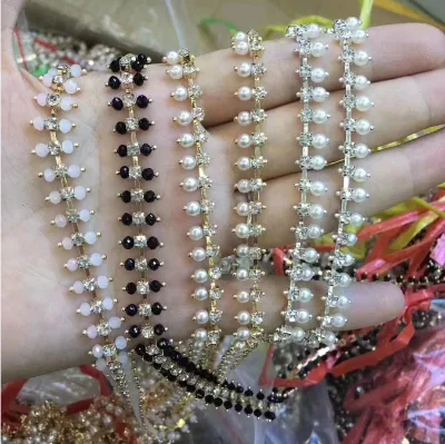 New Design 3mm Pearl Crystal Beads Rhinestone Row Bead Chain DIY Plated Brass Chain