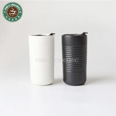 Custom logo Black Nordic White Coffee to Go Outdoor Camping Double Wall Ceramic Travel Mug with pp Lid Porcelain Cup