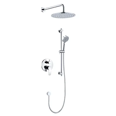 Round Rain Head Slide Bar Shower System Chrome 2 Way Concealed Round Valve Adjustable Rail Multi-Function Handshower Rain Shower