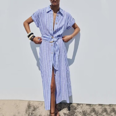 Hot Selling High Quality Cotton Linen Striped Midi Dress Breathable Button Decoration Woven Pocket Design for Spring Natural