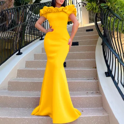 Europe and the United States Fashion Women's Summer Solid Color Line Collar Fishtail Skirt Long Foreign Evening Dress