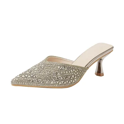 Fashion Design Customized 2025 Women's High-Heeled Sandals Fashionable Simple Pointed Toe with 6cm Thin Heels & Rhinestone