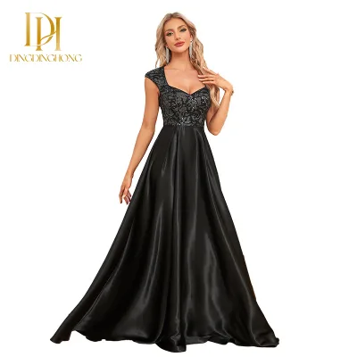Satin Dress Women's Black-sleeved Fishtail Bridesmaid Party Women's Evening Dress