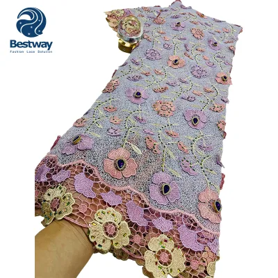 High Quality African Water Soluble Lace 3D Floral Embroidery Crystal Rhinestones for Women Evening Gown