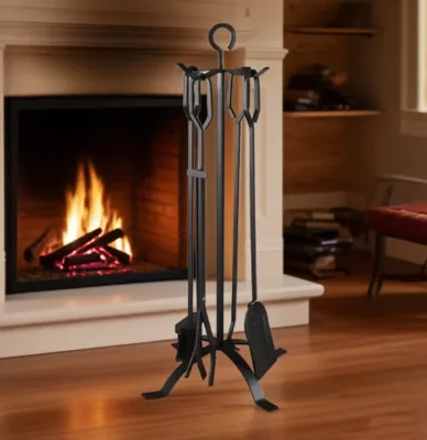 Fireplace Tools Set with Metal Base and Wood Handle,Fire Poker, Shovel,Tongs and Brush,Fireplace Accessories,Powder Coated