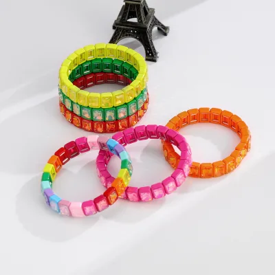 Fashion Women Enamel Square Bead Stretch Bracelet Multicolor Gemstone Geometric Elastic Trend Stack Jewelry
