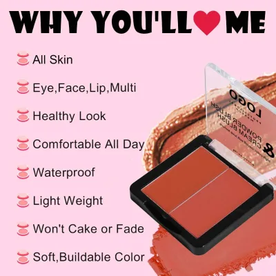 Wholesale Custom You logo Oem 2 in 1 Cream and Powder Blush Palette Long Wear Lightweight and Smooth Cheek Creamy Blusher