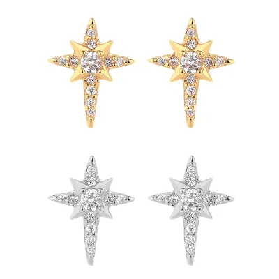 18K Gold Plated 925 Sterling Silver Fine Stud Earrings Cubic Zirconia North Star Eight-Pointed Star Dainty Minimalist Party Gift