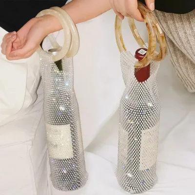 Sparkling Rhinestone Wine Bottle Tote Bag with Circle Handle Bling Diamond Single Wine Carrier Gift Pouch for Wedding Party
