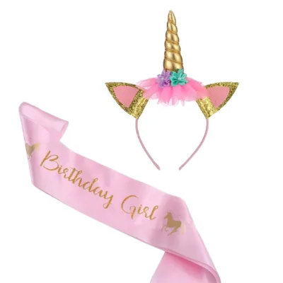 Unicorn Headband Headdress Happy Birthday Satin Sash Photo Props for Baby Shower Boy Girl 100 Days 1/2 1st Birthday Party Decor