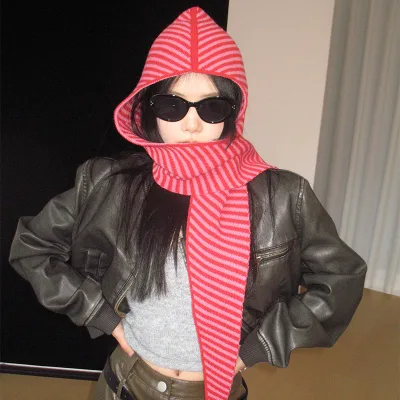 Women's All-in-One Knit Hat and Scarf for Autumn and Winter Multi-Style Korean Striped Design Long Hooded Shawl Scarf