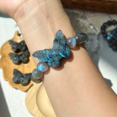 Hot Sales Natural Labradorite Bracelet Crystal Healing Stone Labradorite Butterfly Bracelet for DIY Gifts