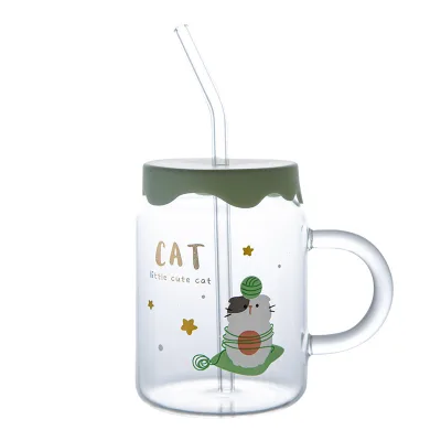 Cartoon Little Cat Glass High Temperature Resistant Universal Water Cup With Straw Gift Mug With Lid