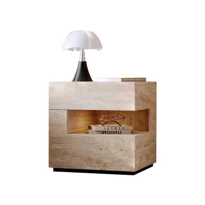 Travertine Nightstand with Drawer and Open Shelf Recessed Base Cream Beige Luxury Mid Century for Bedroom Living Room Velador