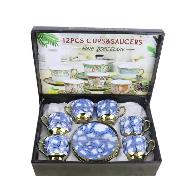 Hot Selling Luxury 6-Cup 6-Saucers Ceramic Coffee & Tea Set New European & Middle Eastern Design Electroplated with Gift Box