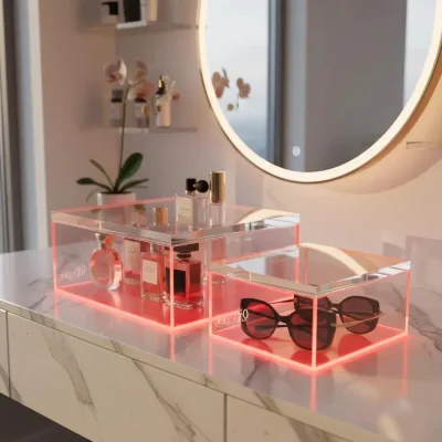 Wholesale Pink LED Edge Acrylic Display Box, Custom Light up Clear Lucite Makeup Organizer Storage Case