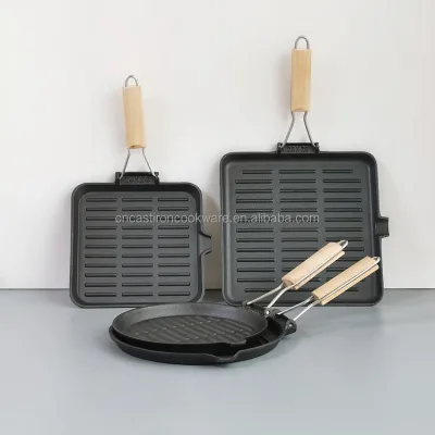 Cast Iron Skillet with Folding Handle Teppanyaki Frying Pan for Home Kitchen and Outdoor Cooking