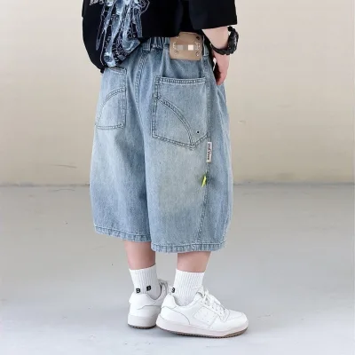 New-style Children's High Waist Denim Shorts Summer Thin Soft Casual All-Matching Mid-Length Pants Boys; Trendy Cool