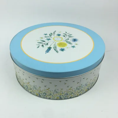 OEM Factory 30+ Years Custom Floral Round Tin Can Blue Yellow Flower Bee Pattern Cookie Packaging