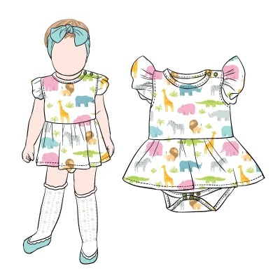 Customized Wild Animal Printed Bamboo Girls' Jumpsuit with Shoulder Snap Closure Suitable for Children's Soft Jumpsuit