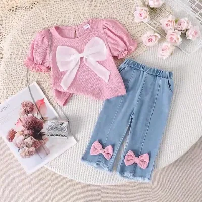 New Fashionable Summer Girl's Suit for Infants Cute Bow Lantern Short Sleeve With Denim Pants