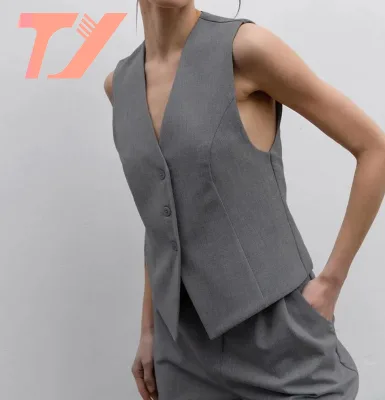 TUOYI Elegant Grey Pants Set Women 2 Piece Summer Office Set Lady V Neck Sexy Top Vest Fashion Solid