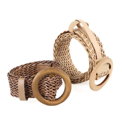 High Quality Women's Bohemian Style Elastic Braided PU Leather Wood Buckle Belt Fashionable Summer Dress Jeans Accessory