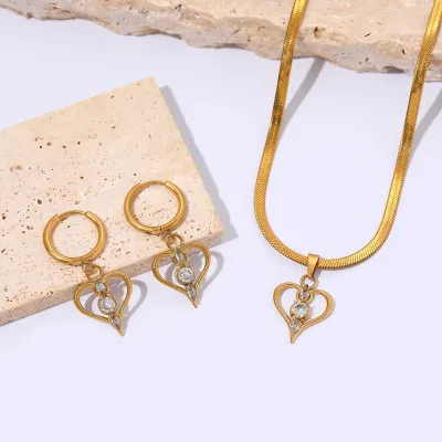 Vintage Hollow Heart Zircon Jewelry Set Stainless Steel  Snake Chain Necklace & Huggie Drop Earrings Waterproof Jewelry