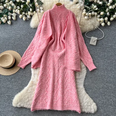 Women's Fall Winter Cable Knit Two Piece Set Long Sleeve Open Front Cardigan Mock Neck Midi Sweater Dress