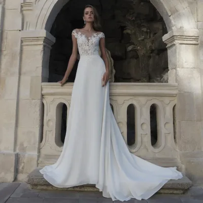 Bare Back Cap Sleeve French Lace Chiffon Wedding Dresses Turkey Istanbul