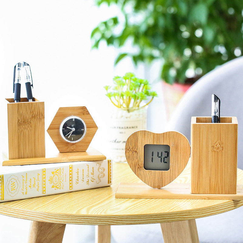 Bamboo Pen Holder Clock, Personalized Office Stationery Custom Retro Hollow Simple Storage Pen Holder Clock Desktop Ornaments/