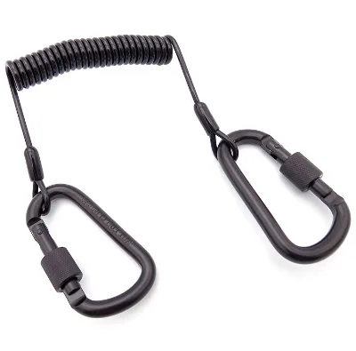 High Quality Black Plastic Retractable Coiled Tool Lanyard With Screw-Lock Carabiners