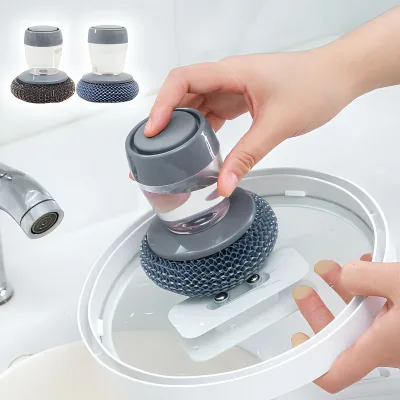 Effort-Saving Stain Removing Dish Pots Brush | Press Detergent Dispenser Non-Scratch | Cleaning for Kitchen Cookware Tableware