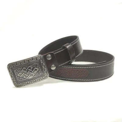 Western Cowboy Vintage Brown Embossing Waist Belt Genuine Leather Belt for Men