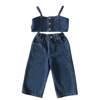 High Quality Girls' Two-Piece Denim Suit for Summer Newly Designed Spaghetti Strap Top Cotton Trousers Kids Clothing Set Wear