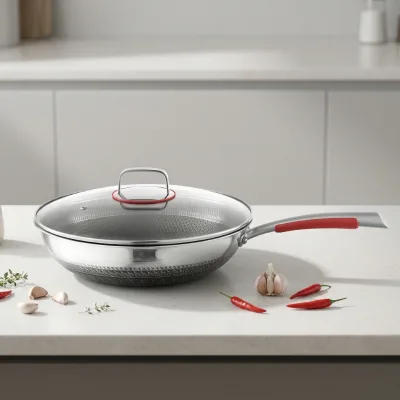 304 Tri Ply Stainless Steel Induction Wok Pan with Glass Cover Multi-layer Coating Non-Stick Honeycomb Bottom Modern Design