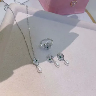 Cyclone Natural Shell Flower Set 7-8MM Natural High Quality Freshwater Water Drop Teardrop Pearl Necklace Ring Earring Set